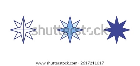 Nautical star icon set in three variations — colorful, linear outline, and silhouette. A symbolic marine design element used in navigation and nautical themes.