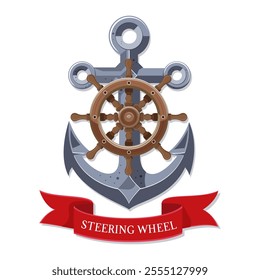 Nautical steering wheel and anchor with red ribbon. Vector illustration