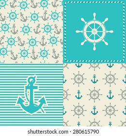 nautical steering wheel anchor  theme seamless patterns and icons. Sea anchor. Set of 4 ornaments.