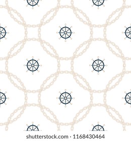 A nautical steering wheel in a frame of a chain. Background in sea style.
