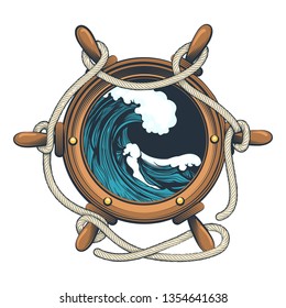 Nautical Steering Wheel with ropes and Ocean wave inside drawn in tattoo style. Vector illustration