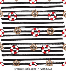 Nautical, Steering wheel, Seamless Pattern Vector Illustration