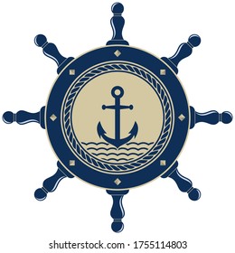 Nautical Steering wheel symbol with anchor and rope in marine blue and beige as vector on isolated white background.