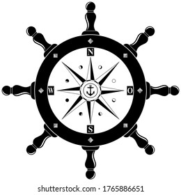 Nautical Steering wheel symbol with compass rose and German East description, anchor and Moon phases in black as vector on isolated white background.