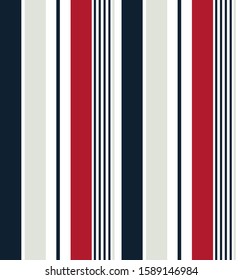 Nautical stripe seamless pattern with Navy Blue, Off white, Red and white colors vertical parallel stripes.Vector abstract background.