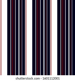 Nautical stripe seamless pattern with Navy Blue, Red and white colors vertical parallel stripes.Vector abstract background.