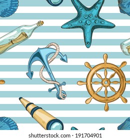 Nautical striped seamless pattern of anchor, wheel, starfish, seashell, spyglass and bottle with message