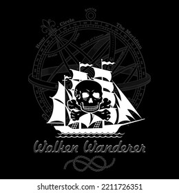 Nautical style design. Vintage Pirate Frigate. Crossed bones, skull and astrolabe, isolated on black, vector illustration