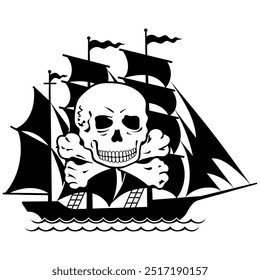 Nautical style design. Vintage Pirate Frigate. Crossed bones and skull, isolated on white, vector illustration