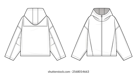 Nautical style hooded jacket technical fashion illustration. Hoodie with Side Seam Pocket template illustration. Front and back view. Drop shoulder. Unisex. Sailor chic. White color. CAD mockup.