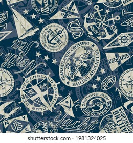 Nautical style marine sailing badges wallpaper vector seamless pattern grunge effect in separate layer