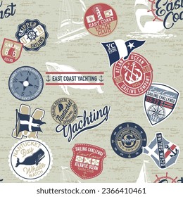 Nautical style marine sailing badges patchwork wallpaper abstract vector seamless pattern for boy kid fabric