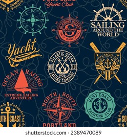 Nautical style marine sailing badges patchwork with rope background abstract vector seamless pattern