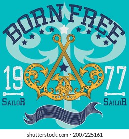 nautical style print crossed anchors with text and blue background
