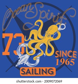nautical style print with octopus on an anchor and navy blue background