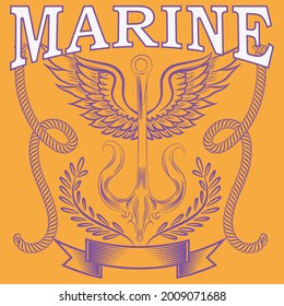 nautical style print text marine anchor with wings over garlands