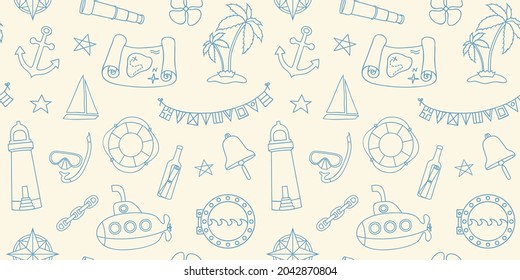 Nautical style seamless background with hand drawn elements in line art style. Endless pattern for baby shower invitations, children toys packaging paper, boy room wallpaper. Vector illustration