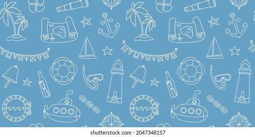 Nautical style seamless background with hand drawn elements in line art style. Endless pattern for baby shower invitations, children toys packaging paper, boy room wallpaper. Vector illustration