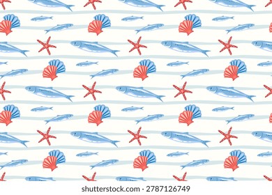 Nautical style seamless pattern with blue fish, scallop shells and red starfish. Summer coastal beach concept nautical design for textiles, wallpaper, wrapping paper, backgrounds and stationery, seaside decor