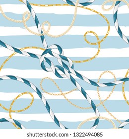 Patrón de Seamless Style Nautical con nudos de abetos marinos y chinas doradas de moda. Diseño de tela de moda con elementos de mar para tapiz, envuelto. Ilustración del vector
