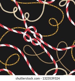 Nautical Style Seamless Pattern with Marine Rope Knots and Trendy Golden Chains. Fashion Fabric Design with Sea Elements for Wallpaper, Wrapping. Vector illustration