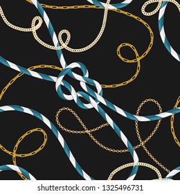Nautical Style Seamless Pattern with Marine Rope Knots and Trendy Golden Chains. Fashion Fabric Design with Sea Elements for Wallpaper, Wrapping. Vector illustration