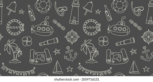 Nautical style seamless wallpaper with hand drawn elements in line art style