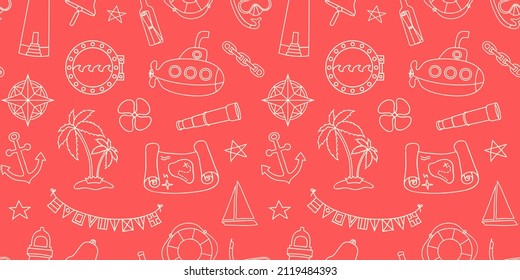 Nautical style seamless wallpaper with hand drawn elements in line art style