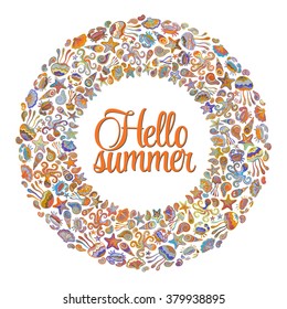 Nautical Style Wreath with seashell, jellyfish, crab and octopus and Blank Space for Your Text. Hello summer card. Blue orange colors.