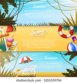 Nautical Summer cards. Marine vacation on the beach. Tropical plants and birds, camera and anchor, milkshake, deckchair, toucan and parrot. Poster or background. retro travel. Vintage holiday at sea.