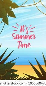 Nautical Summer cards. Marine vacation on the beach. Tropical plants and birds, camera and anchor, milkshake, deckchair, toucan and parrot. Poster or background. retro travel. Vintage holiday at sea.