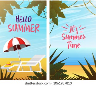 Nautical Summer cards. Marine vacation on the beach. Tropical plants. Poster or background. retro travel. Vintage holiday at sea.