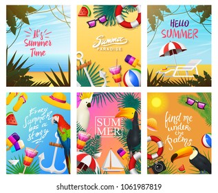 Nautical Summer cards. Marine vacation on the beach. Tropical plants and birds, camera and anchor, milkshake, deckchair, toucan and parrot. Poster or background. retro travel. Vintage holiday at sea.