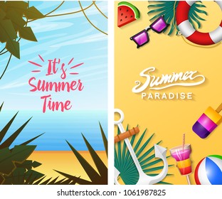 Nautical Summer cards. Marine vacation on the beach. Tropical plants. Poster or background. retro travel. Vintage holiday at sea.