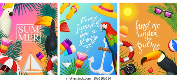 Nautical Summer cards. Marine vacation on the beach. Tropical plants and birds, camera and anchor, milkshake, deckchair, toucan and parrot. Poster or background. retro travel. Vintage holiday at sea.