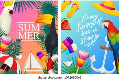 Nautical Summer cards. Marine vacation on the beach. Tropical plants and birds, camera and anchor, milkshake, deckchair, toucan and parrot. Poster or background. retro travel. Vintage holiday at sea.
