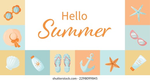 Nautical summer collage with various beach elements. Bright beach banner with sunglasses, seashells, sun cream, anchor and flip flops. Hello summer text. Template for summer events