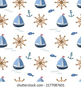 Nautical summer seamless pattern, seasonal wallpaper with yachts