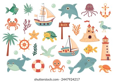 Nautical summer set. Cute sea animals, nautical elements, marine plants. Summer holidays, tropical vacation, maritime, sea coast, marine life, nautical concept. 