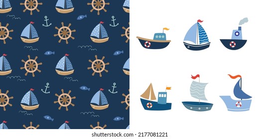 Nautical summer set with seamless pattern, wallpaper and boats set isolated on white