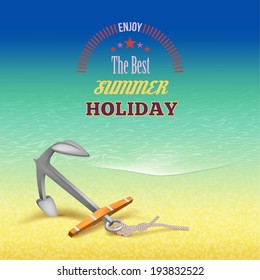 Nautical Summer Travel Poster Design. Sea landscape with anchor, rope, blue water, emblem, sand beach in vintage style. Calligraphic design element