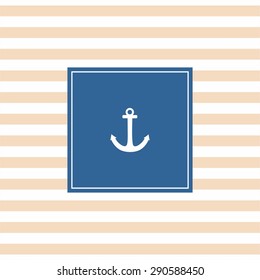 Nautical summer vector card with white anchor on navy blue and pastel stripes background
