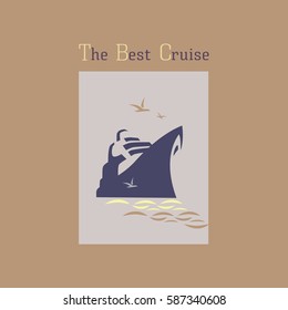 Nautical symbol concept. Ocean liner icon. Freehand drawn brush style. Maritime sea cruise ship vessel tour emblem. Vector seashore journey advertisement label background. Marine logo template
