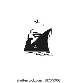 Nautical symbol concept. Ocean liner icon. Freehand brush style. Monochrome black white colors. Maritime sea cruise ship vessel tour emblem. Vector seashore journey background. Marine logo template