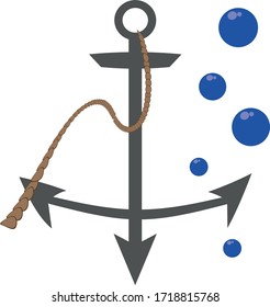 Nautical symbol. Gray metal anchor with a wavy rope and a few blue bubbles.