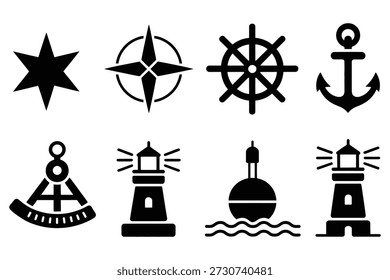 Nautical symbols anchor compass ship wheel lighthouse buoy sextant
