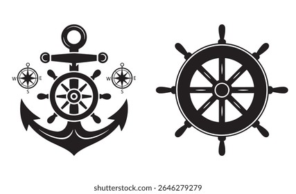 Símbolos náuticos ancorar roda de navio bússola rosa ícones de vetor para navegação e viagens marinhas