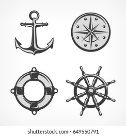 Nautical symbols, anchor, steering wheel, compass, lifebuoy, marine vector illustration