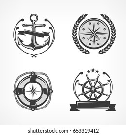 Nautical symbols, anchor, steering wheel, compass, lifebuoy, marine vector illustration