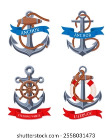 Nautical symbols with anchors, lifebuoy, and steering wheel. Vector illustration